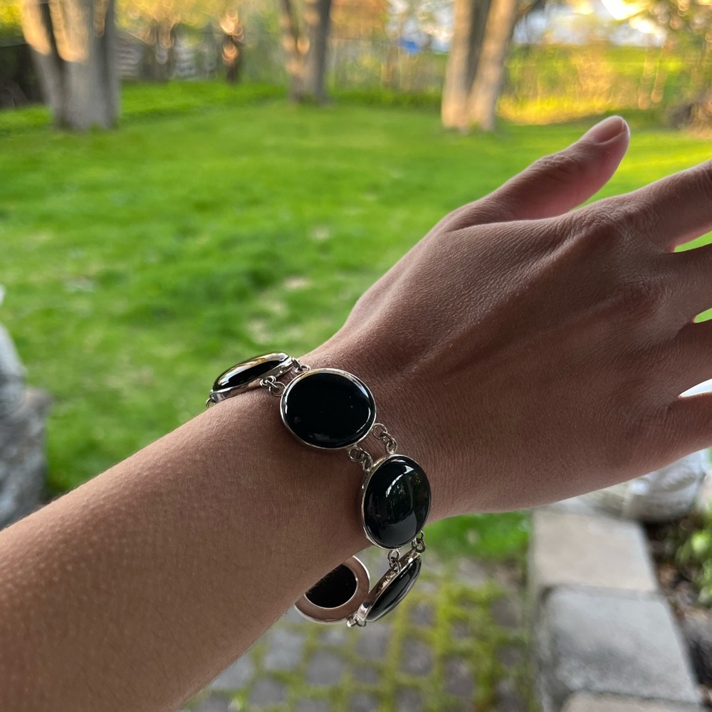 Silver and black stone bracelet
